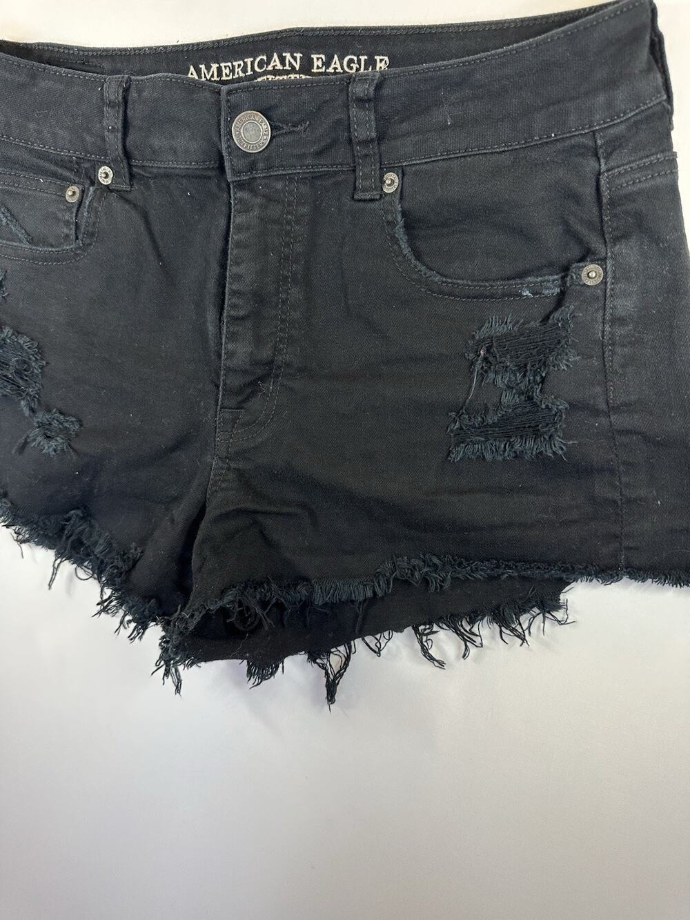 American Eagle Black Distressed Denim Shorts Size 10 High Rise Raw Hem Stretch